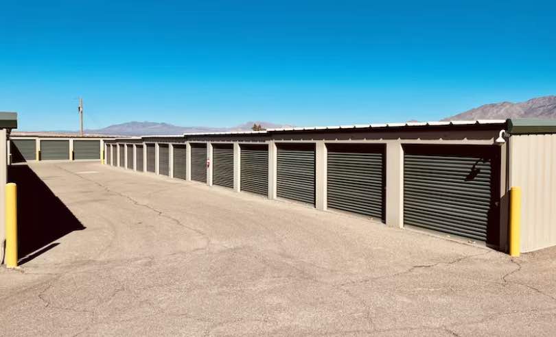 a line of outdoor storage units
