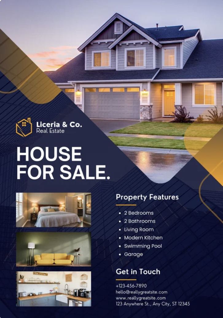 a real estate flyer that is blue